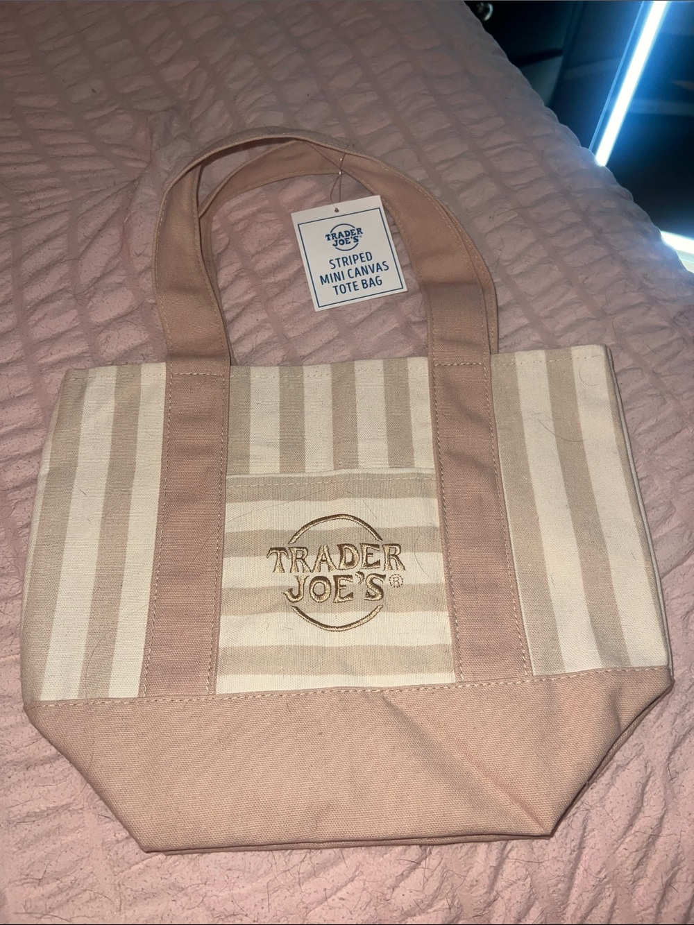 Trader Joe's Pink and Cream Striped Mini Canvas Tote